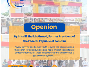 Shariif Sheikh Ahmed speaking at a public event in Mogadishu, Somalia, about youth employment and government accountability.