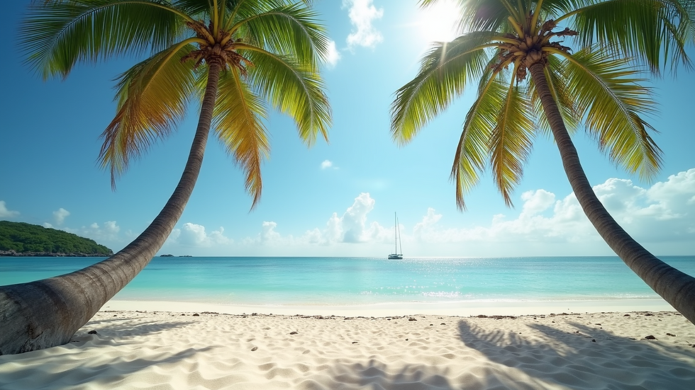 Eye-level view of a tranquil beach landscape with palm trees