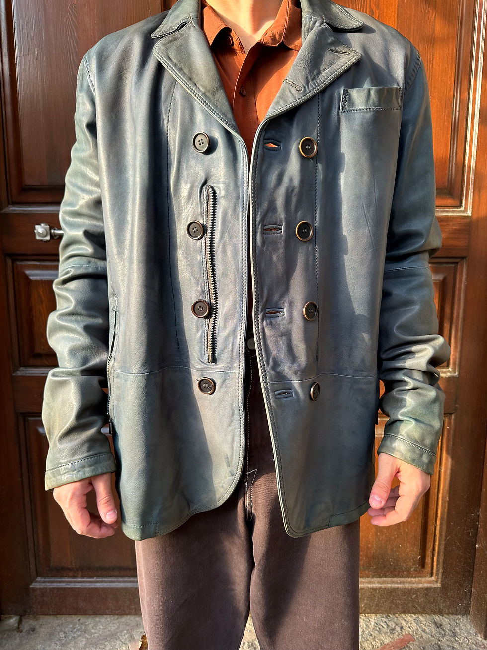 Küçük resim: Hakiki deri erkek ceket , özel seri eskitmeli petrol yeşil renk