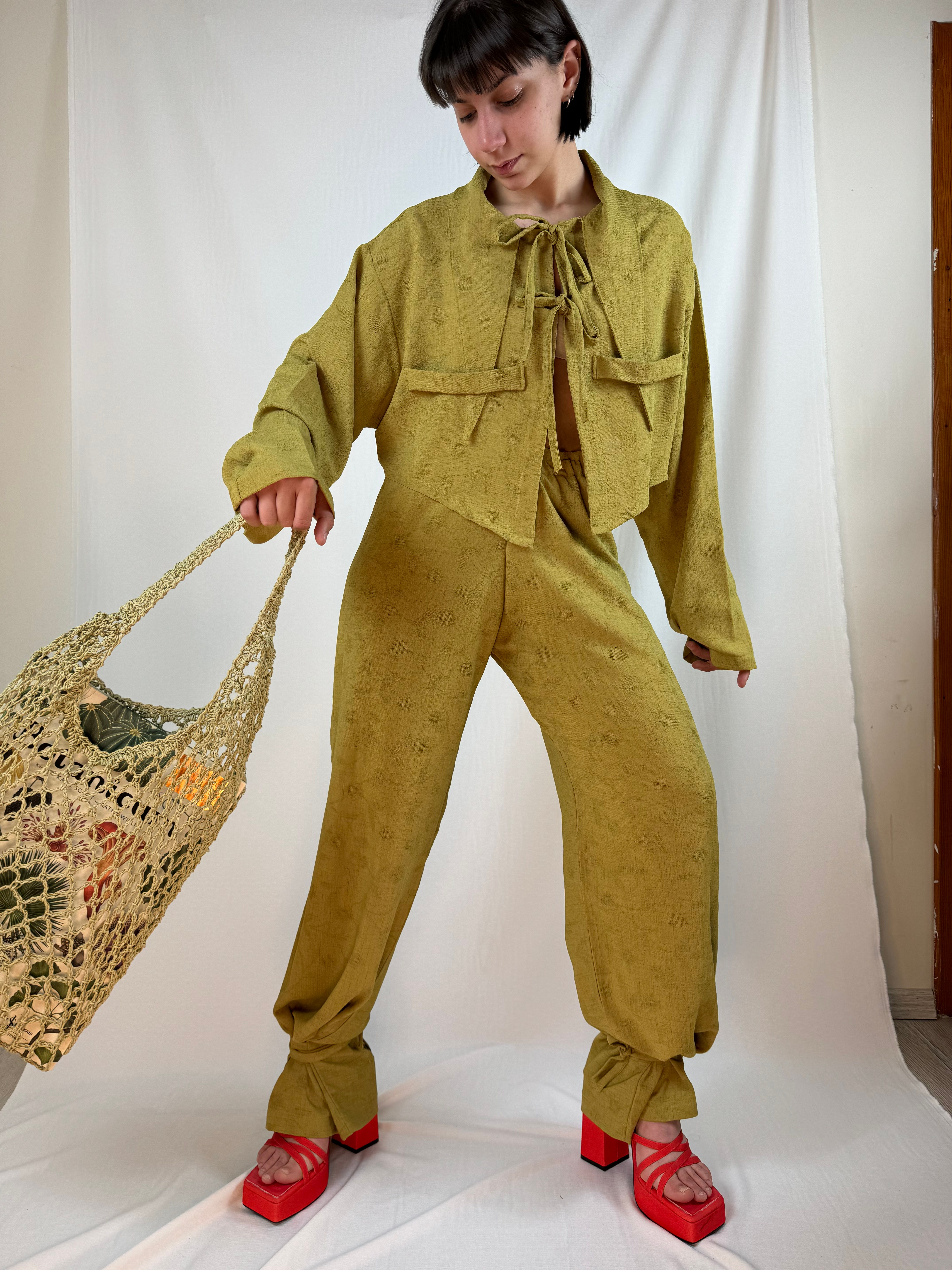 keten görünümlü-krep paçaları bağlamalı kumaş pantolon