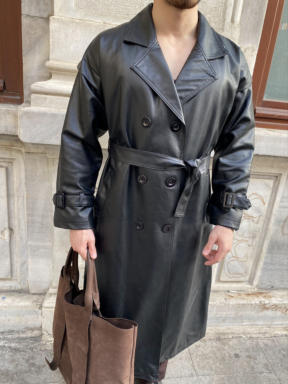 Küçük resim: Erkek Siyah premium koleksiyon oversize suni deri trençkot