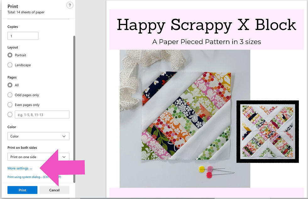 Printer settings for accurately printing an FPP quilt block template.