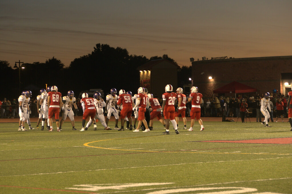 Hilton defense getting lined up in a 5-2 defensive formation. Sept 19. 2025. Photo Credits (Cole Liebler/89.1 the Point)