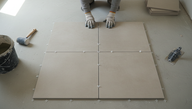 Top-down view of a tile installer placing spacers between porcelain floor tiles