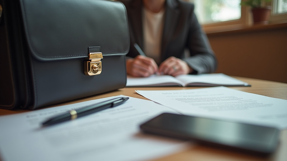Eye-level view of a mobile notary's briefcase and documents on a table