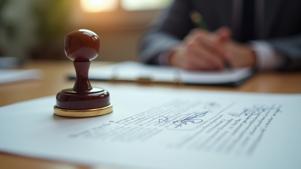 Close-up view of a notary stamp and a signed document on a desk