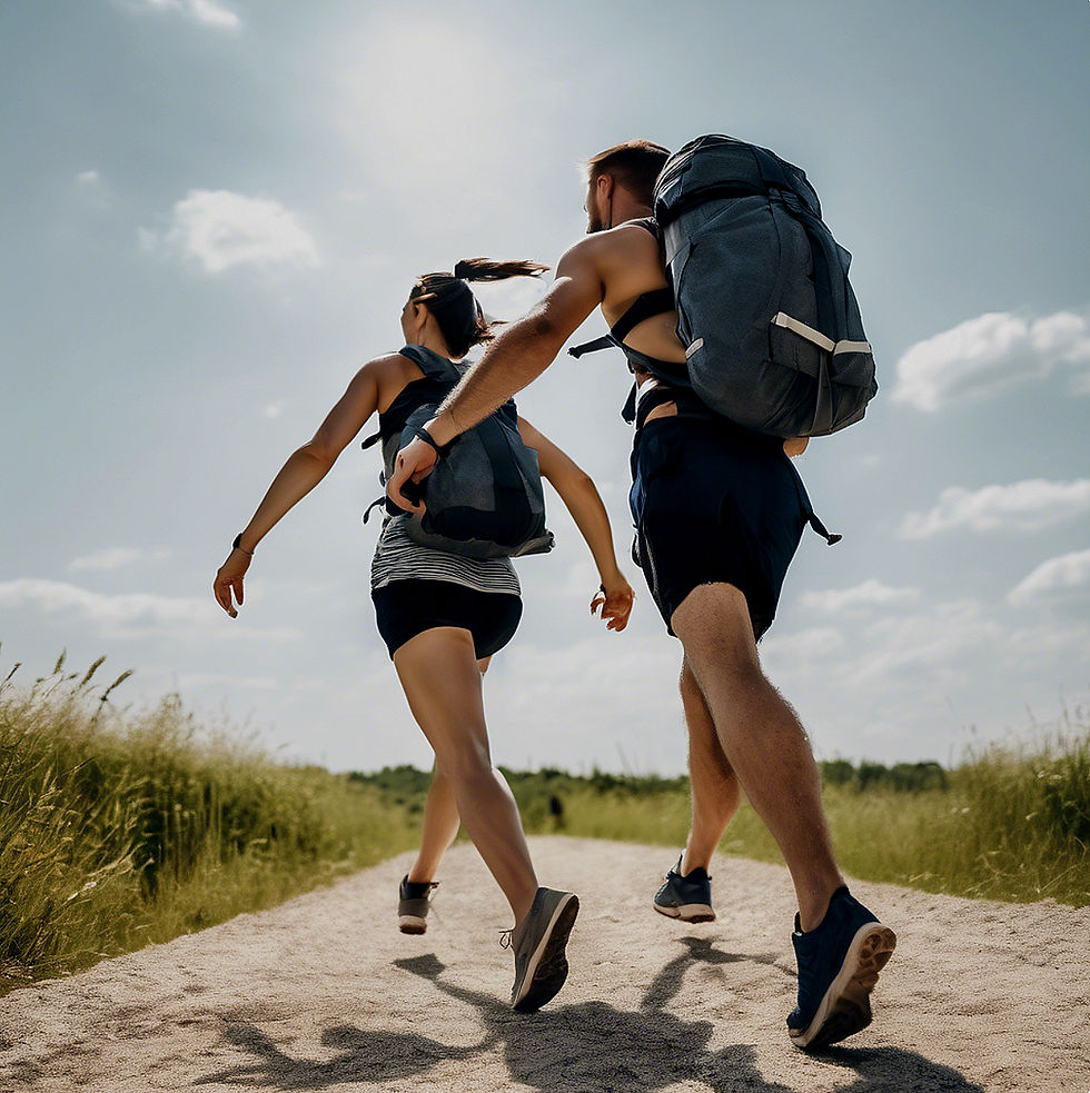 Man and woman rucking together on a countryside trail wearing weighted backpacks — promoting RUK-X outdoor fitness