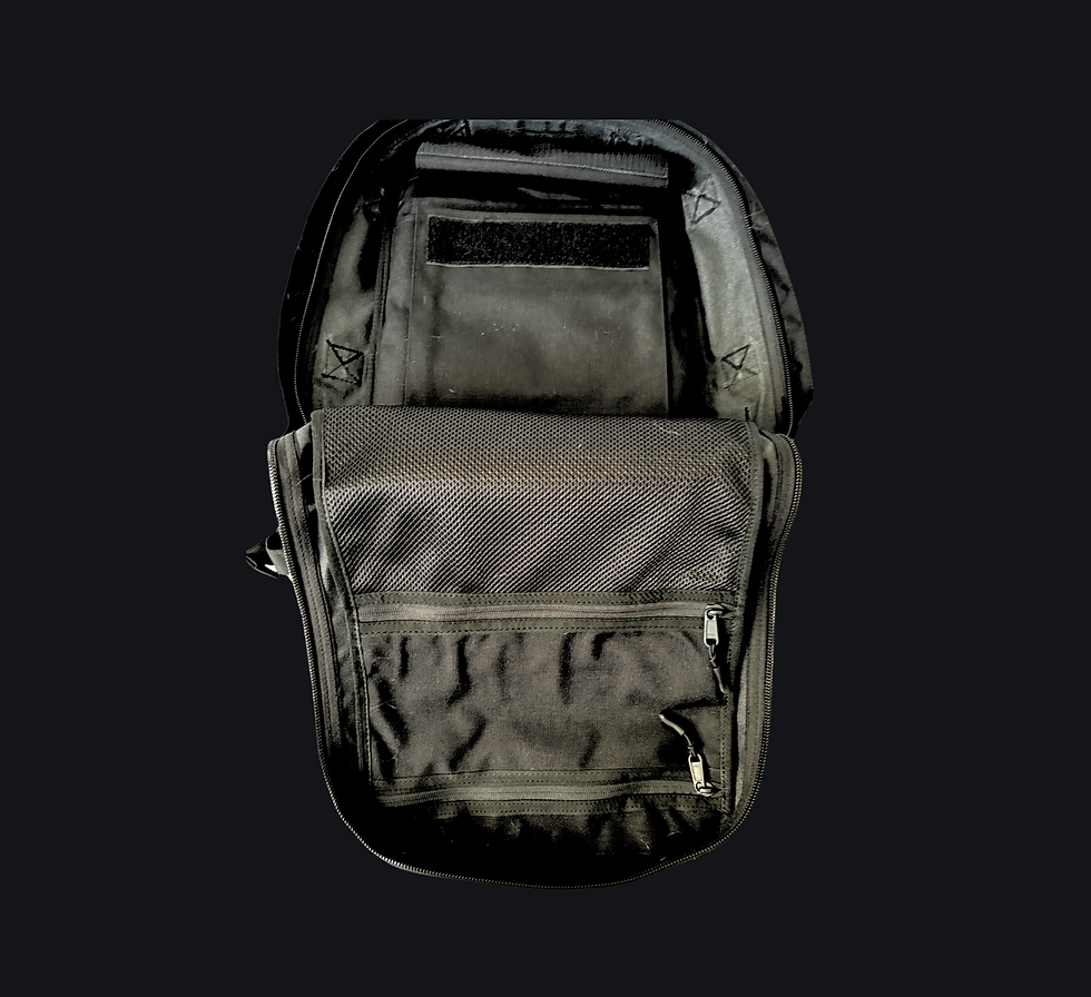 profile of RX-1 backpack showing multiple storage compartments and MOLLE webbing