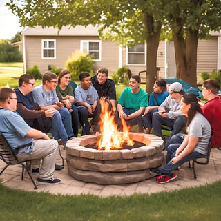 Young adults with intellectual and developmental disabilities sitting around an outside be
