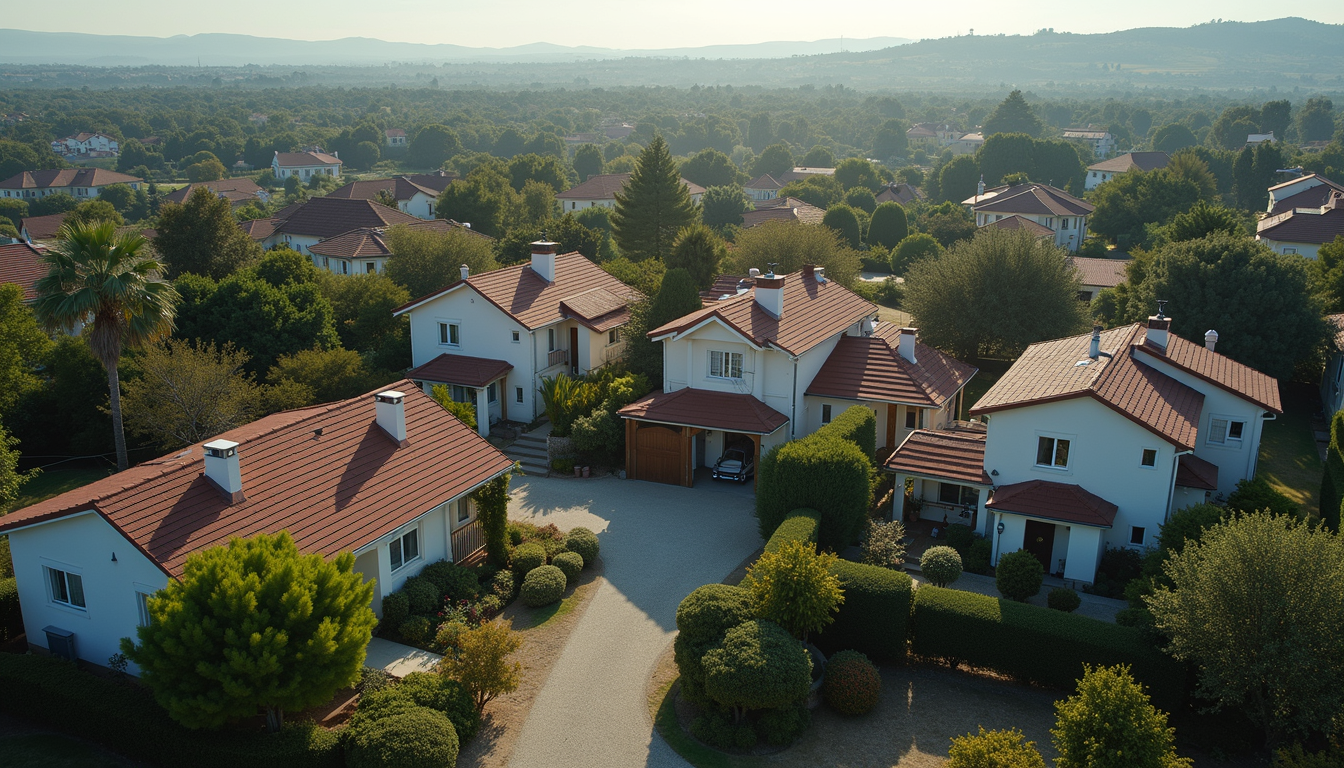 High angle view of a residential property showing its rooftops and surrounding landscape