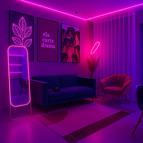 Salão moderno iluminado por neon rosa.png
