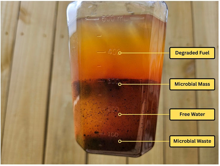 Contaminated fuel will settle into layers as indicated in this photo. Water is the main enemy of fuel quality and can lead to microbial growth. Further testing can confirm if the microbes are bacteria, fungi or algae. (Photo: Michigan Advanced Biofuels Coalition)