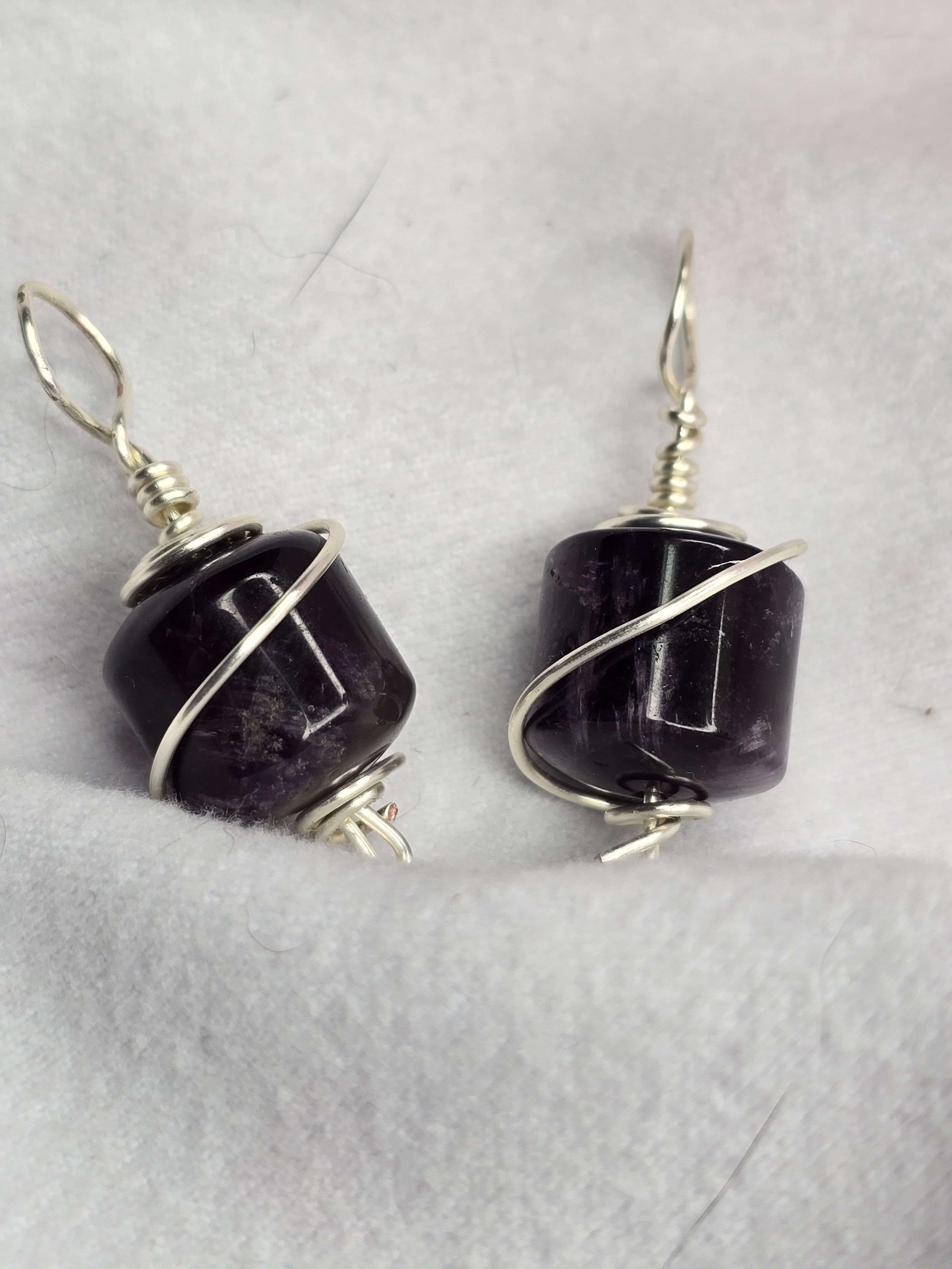 Amethyst silver coated copper earrings (you select titanium or copper hoops)