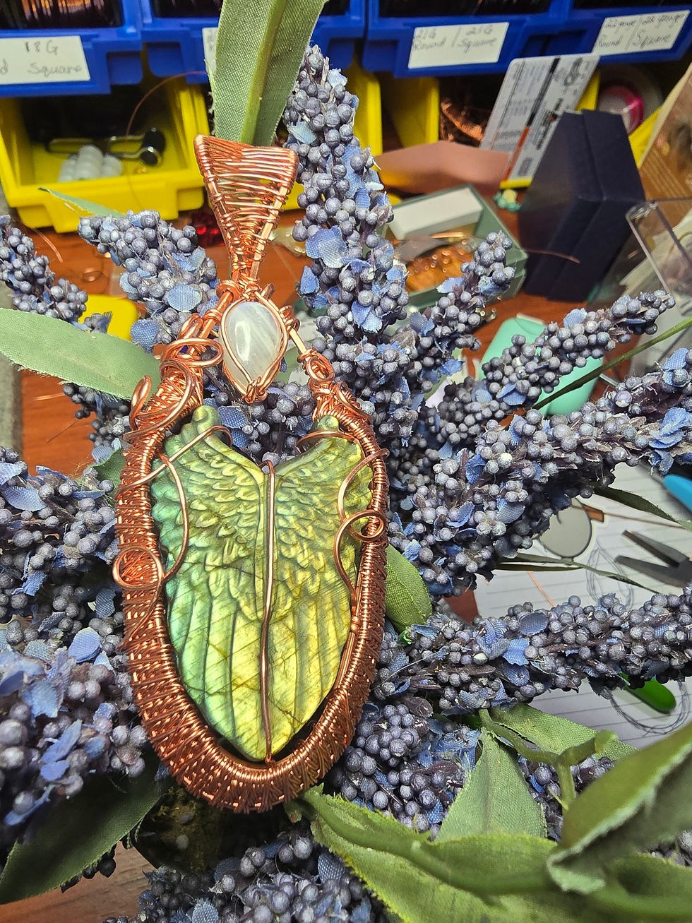 Thumbnail: SOLD-Carved Labradorite wings with moonstone teardrop 