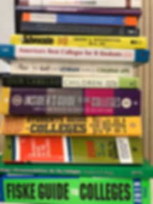 A picture of about 20 differenbooks stackd horizontally and each related to college life or college advising and selection.