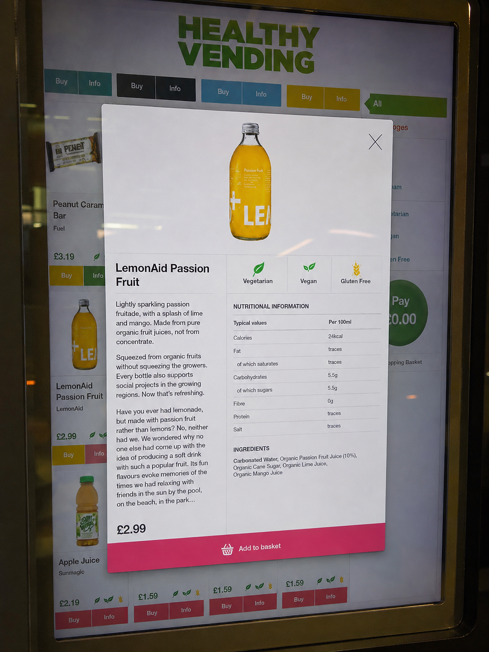 Healthy Vending touchscreen shows a LemonAid Passion Fruit bottle popup with vegan, vegetarian, gluten-free icons and £2.99 price.