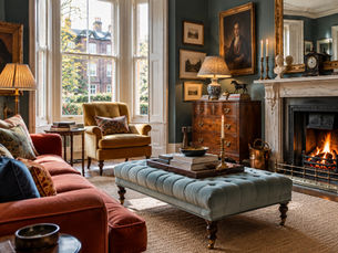 A richly layered Victorian drawing room with deep teal walls, antique furniture, colourful upholstered seating, a pale blue ottoman, traditional artwork and a marble fireplace, combining historic character with contemporary English interior design.