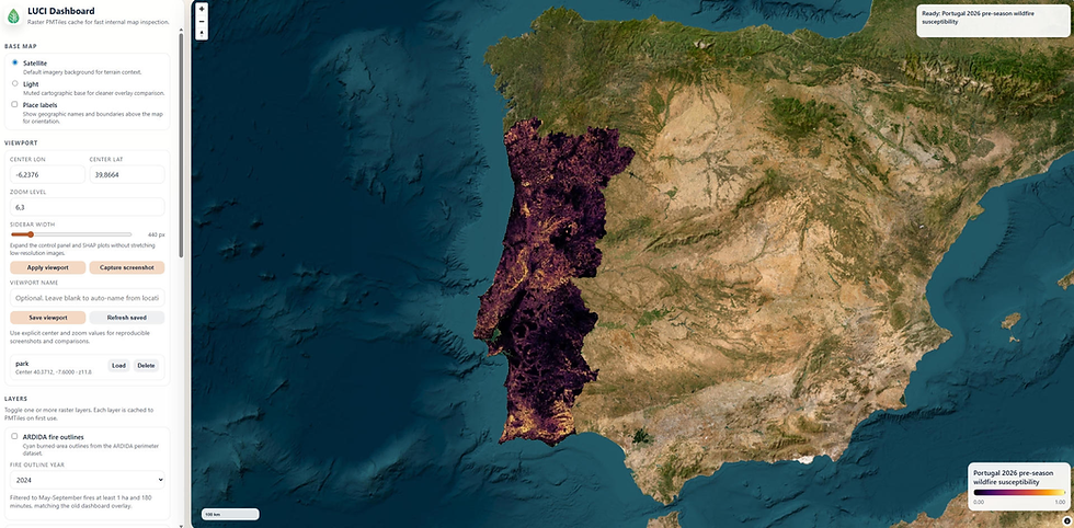 Interactive wildfire susceptibility dashboard showing a satellite map of Portugal with AI-generated pre-season wildfire risk predictions for 2026.