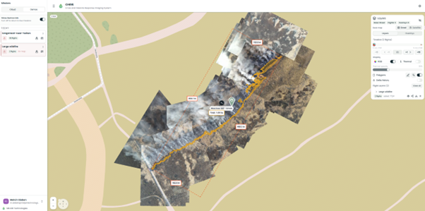 CHRIS builds a live 2D incident overview while the drone is flying. Stitching images together in a geo-referenced overview.
