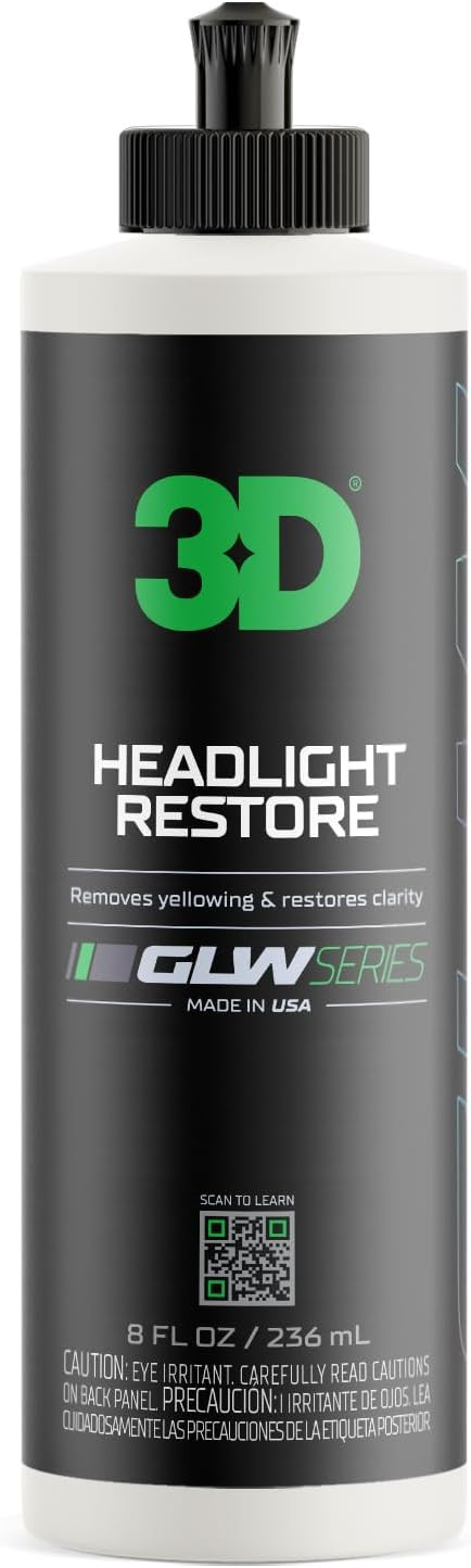 Close-up of 3D Headlight Restore 8oz bottle from the GLW Series, made in the USA