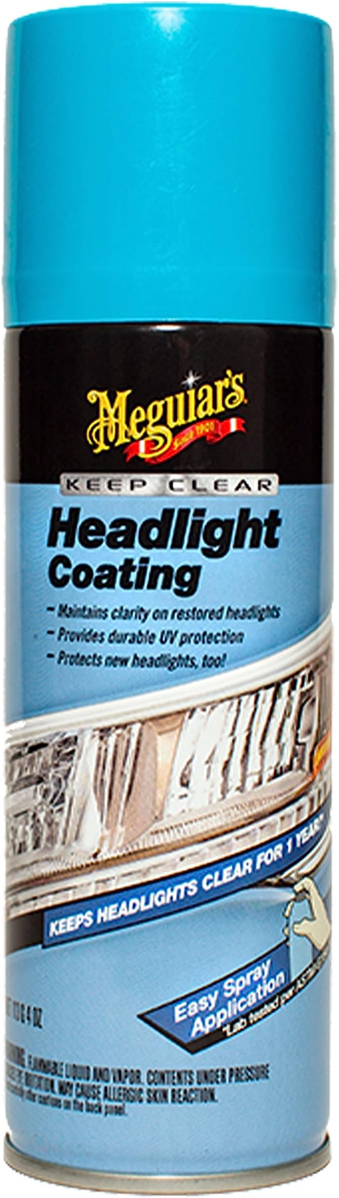 Close-up of Meguiar’s Keep Clear Headlight Coating spray can with UV protection and easy spray application label.