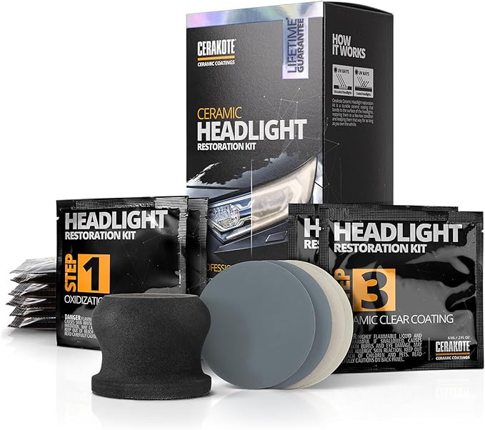 Cerakote ceramic headlight restoration kit with oxidation remover wipes, sanding pads, ceramic coating wipes, and applicator