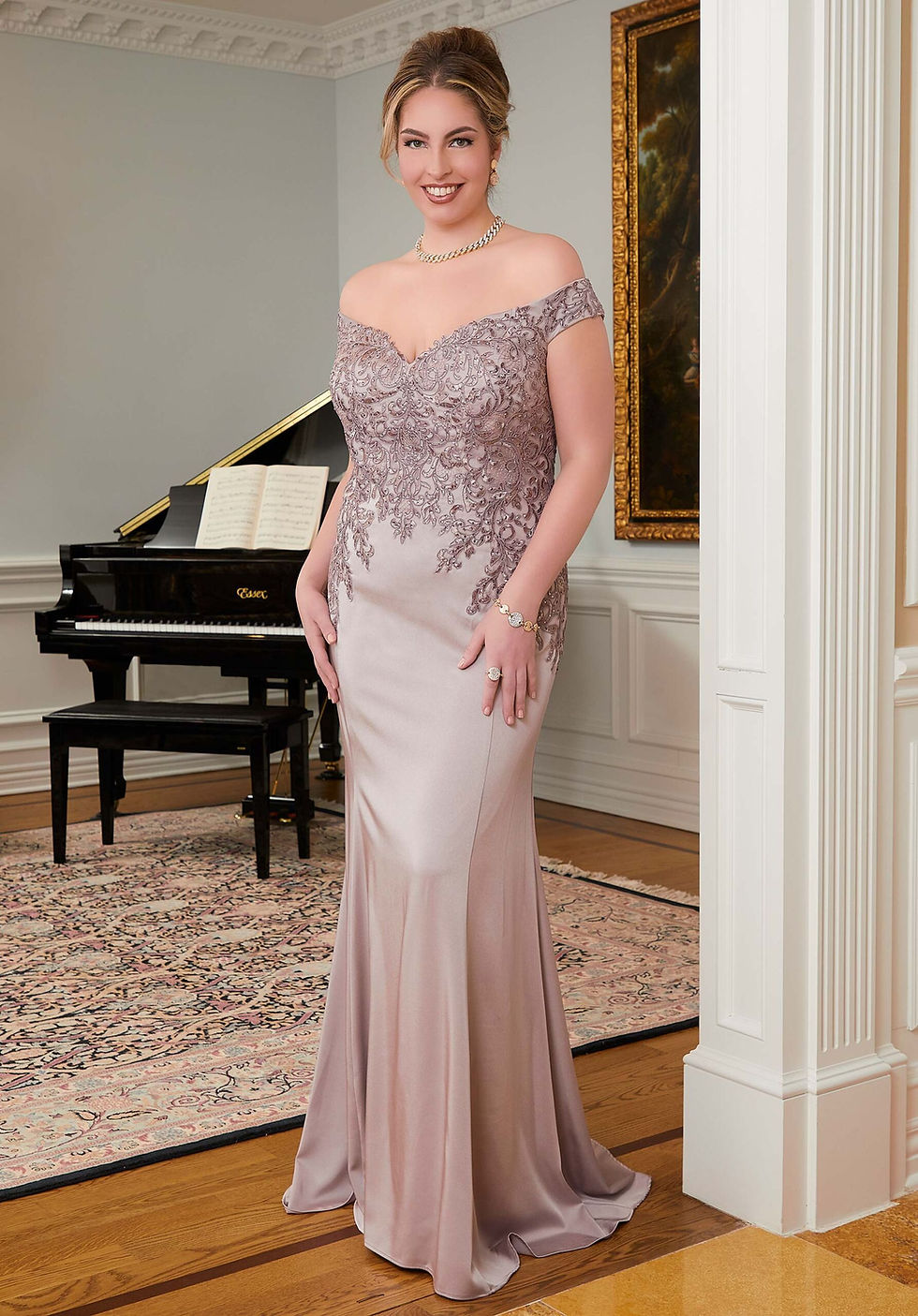 Thumbnail: Form Fitting Special Occasion Gown with Beaded Embroidery on Crepe Size 6