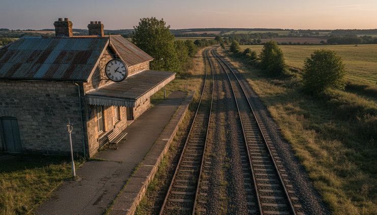 Vista aérea de una estación de tren rural con un reloj antiguo y vías vacías.