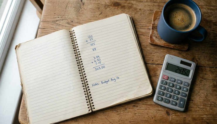 Overhead view of a notebook with simple handwritten numbers beside a calculator and coffee cup