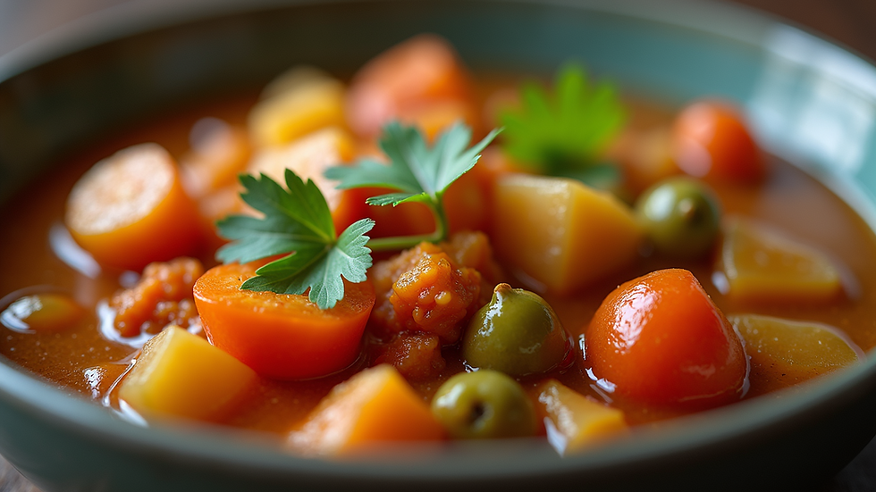 Close-up view of a colorful Filipino Pinakbet vegetable stew