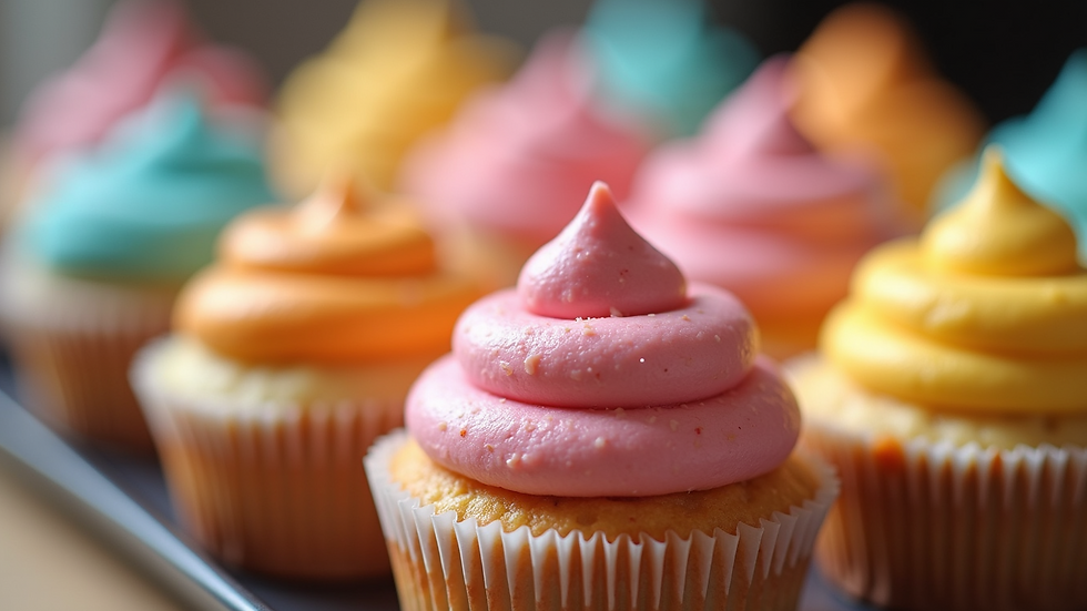 Close-up view of an assortment of colorful cupcakes