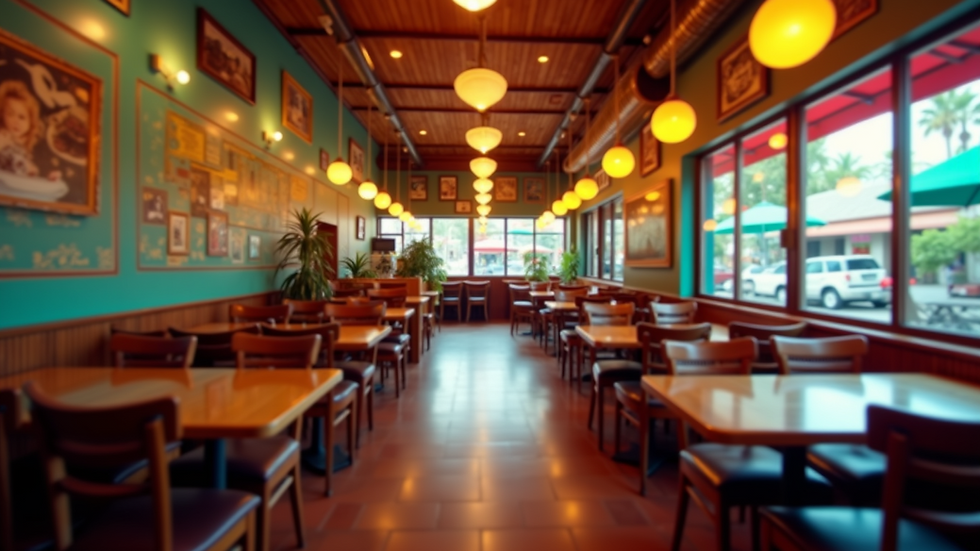 Eye-level view of vibrant Filipino restaurant interior