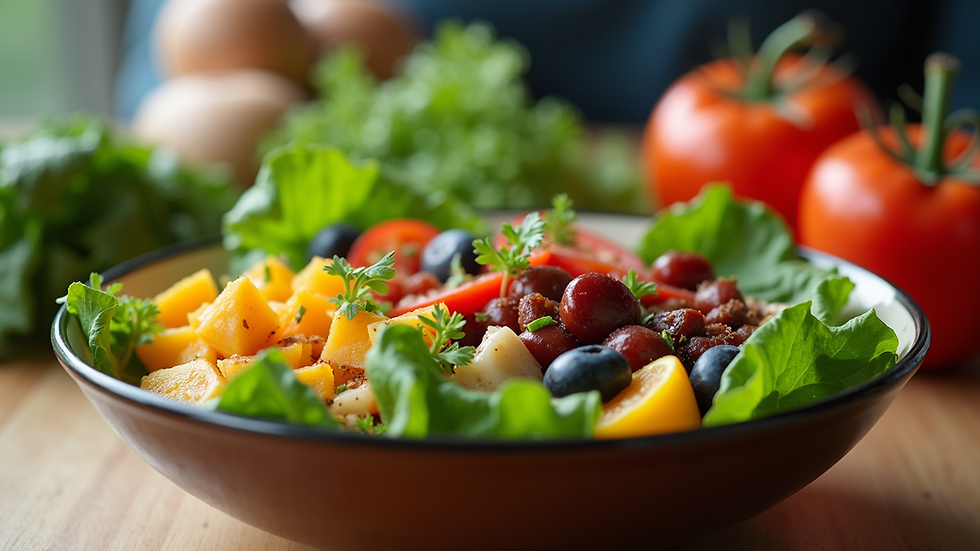 Eye-level view of a colorful farm-to-table salad bowl