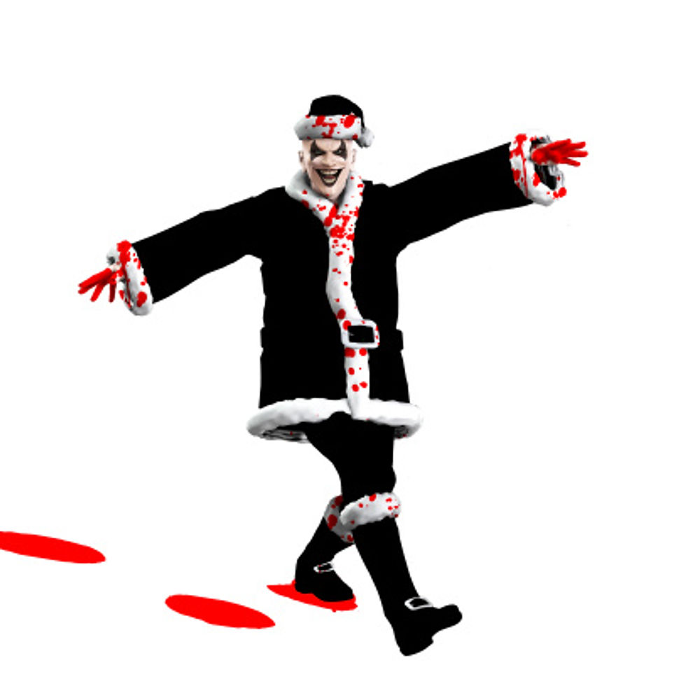 Evil Santa Claus clown skipping through the snow.