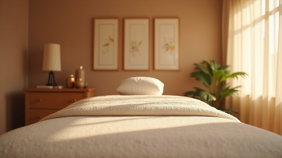 Eye-level view of a serene massage room with soft lighting and calming decor