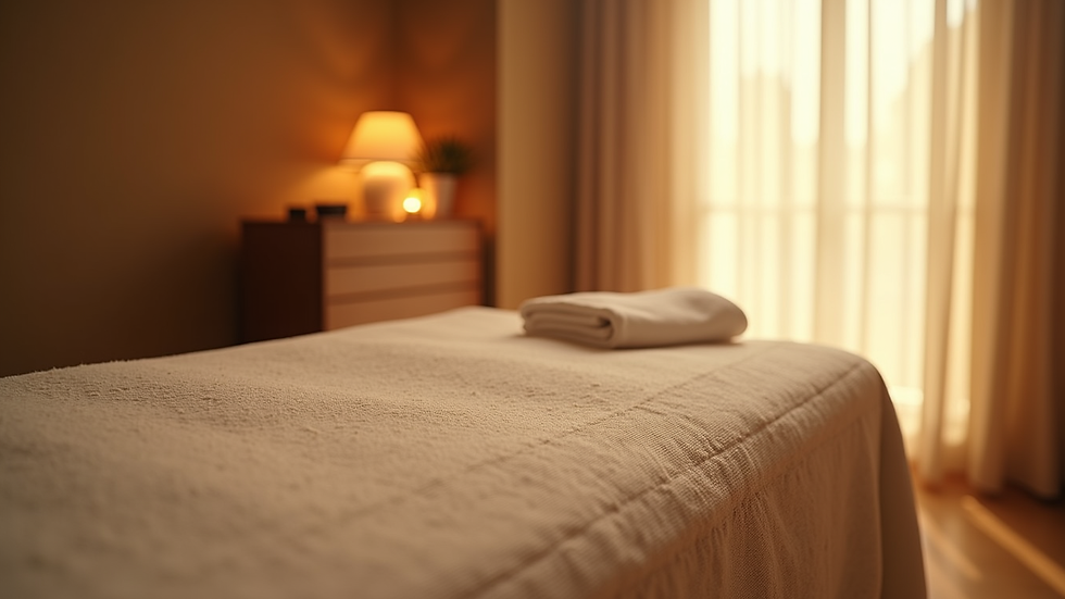 Eye-level view of a serene massage room with soft lighting and calming decor