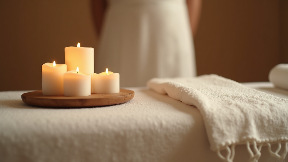 Close-up view of a massage table with soft linens and calming candles