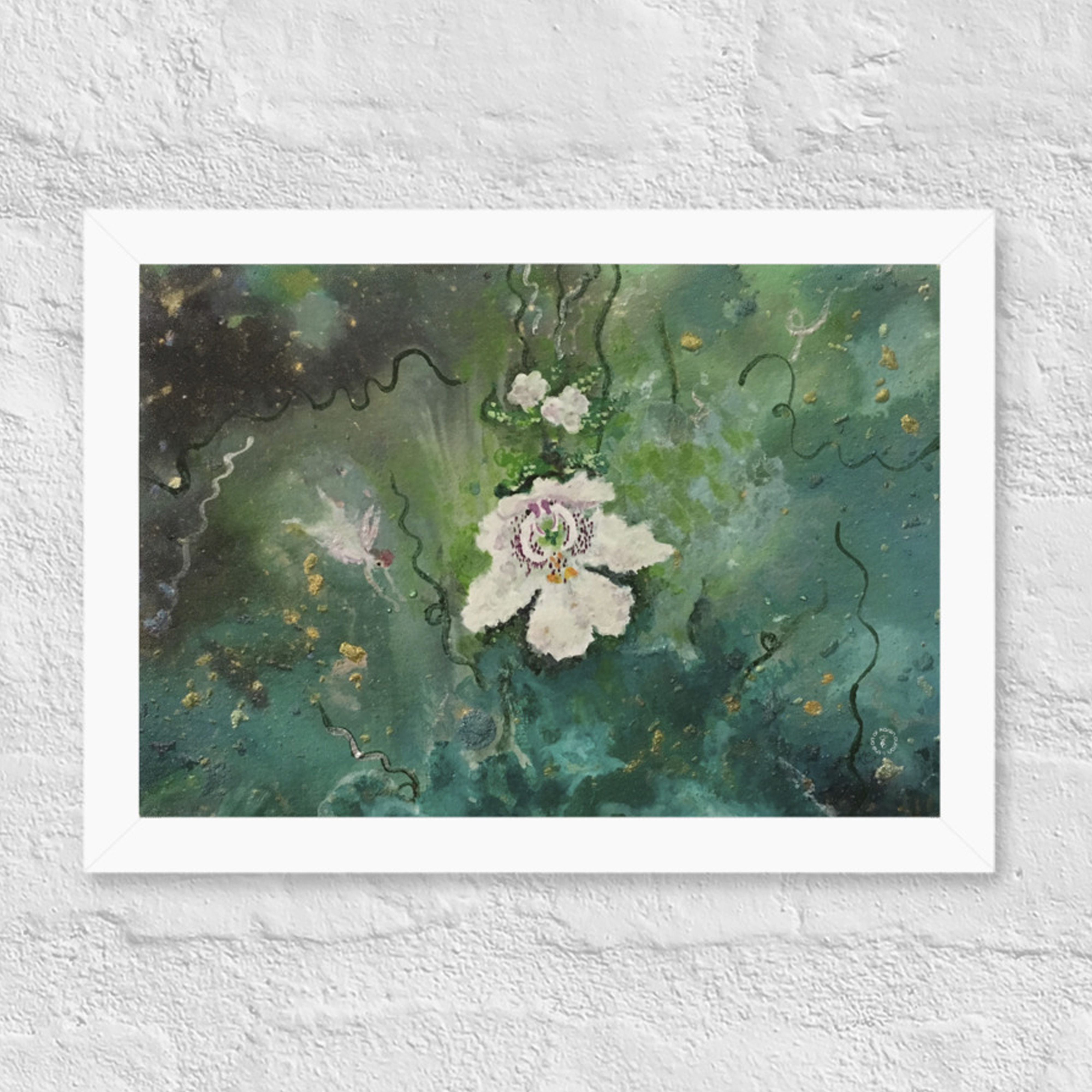 fairy and alpine mint bush flower painting on white brick wall