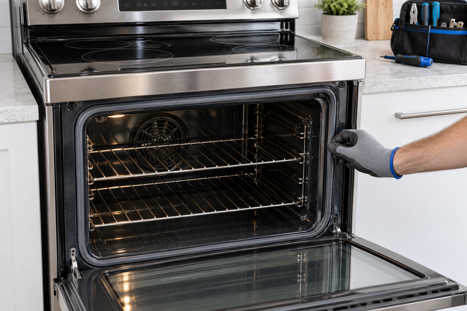 Illustration of oven and range inspection with appliance service tools