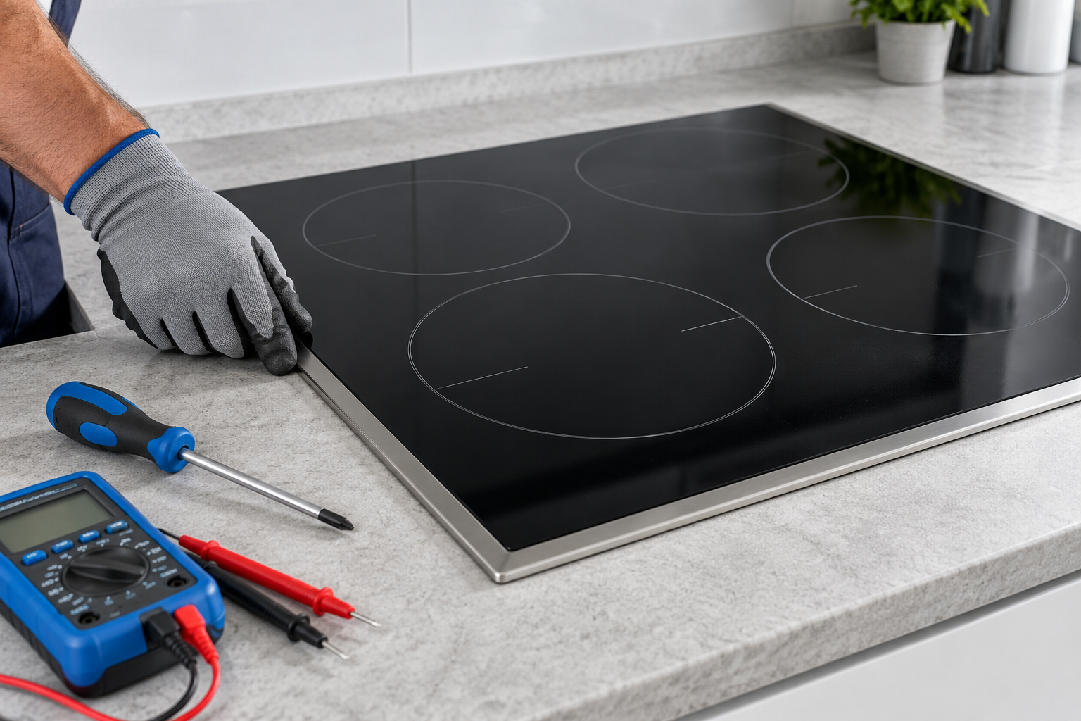Illustration of an electric cooktop inspection with diagnostic tools