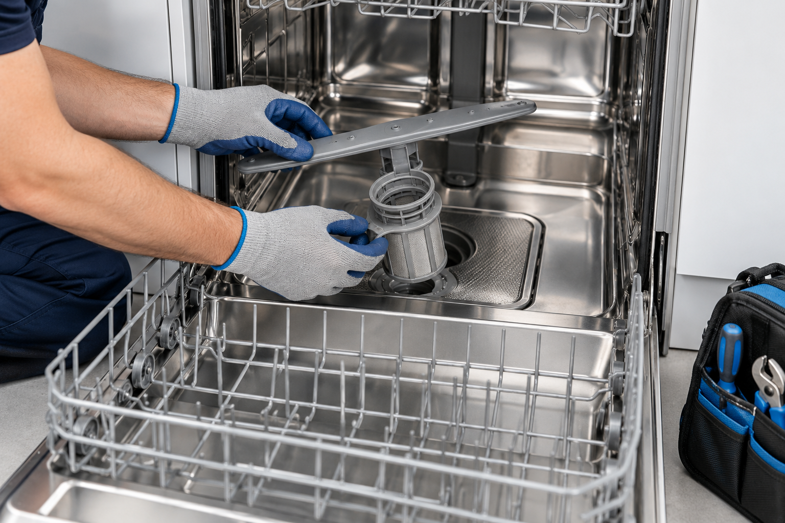 Illustration of dishwasher filter and spray-arm inspection