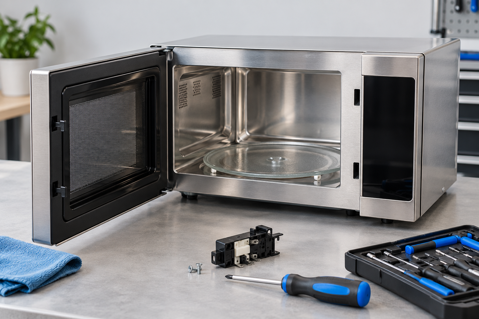 Illustration of a microwave and door-latch components on a service bench