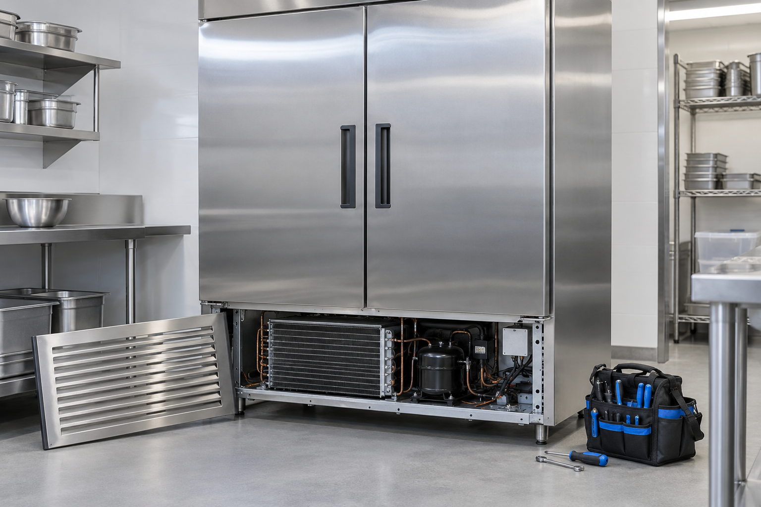 Illustration of commercial reach-in refrigerator service access