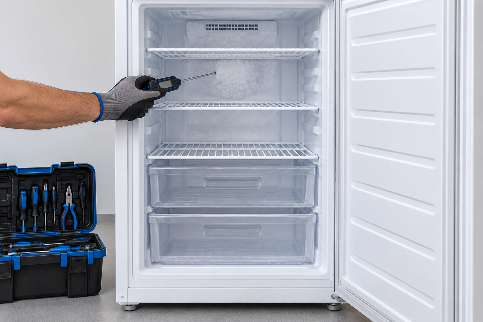 Illustration of temperature diagnosis inside an upright freezer