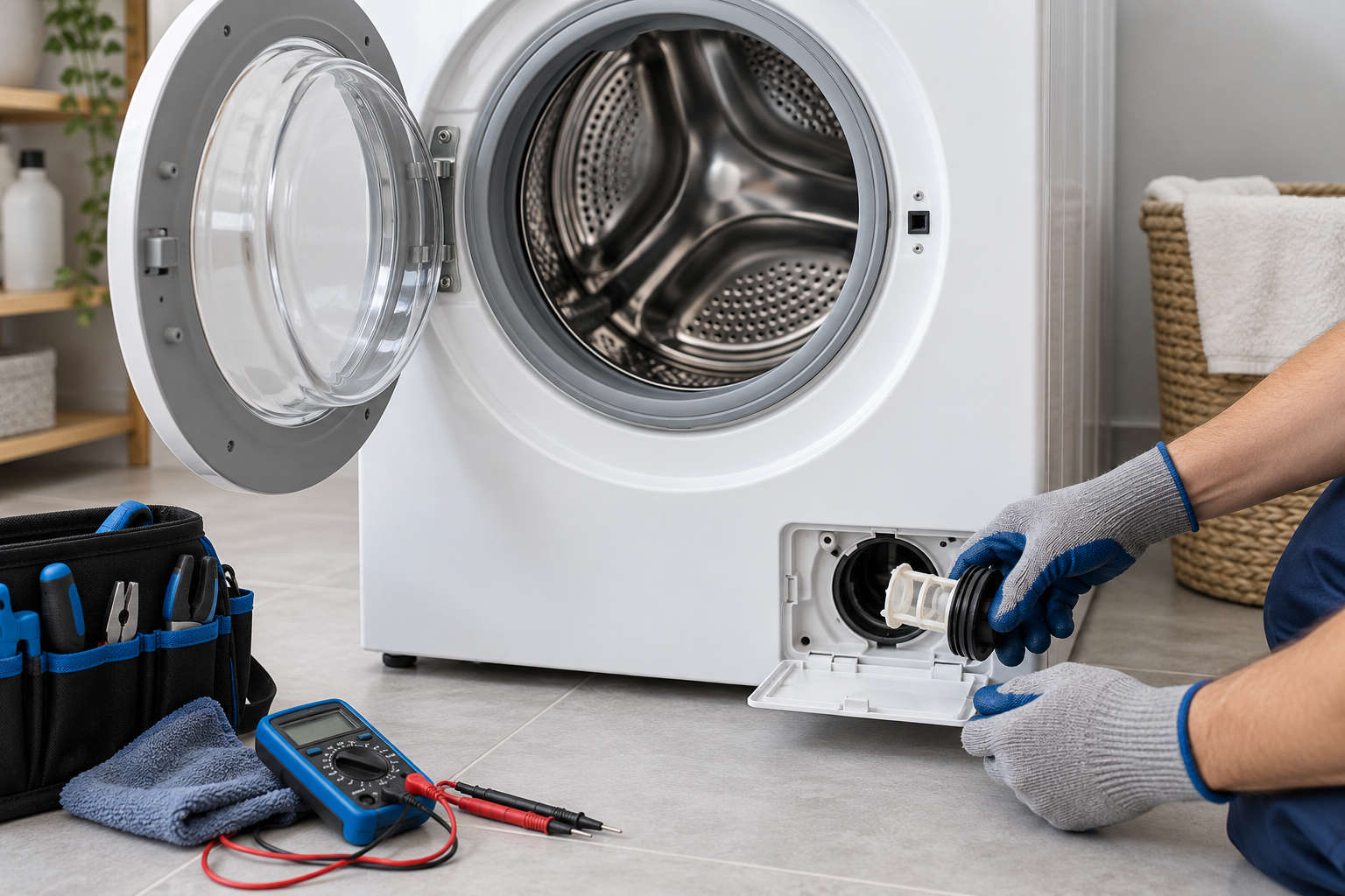 Illustration of a front-load washer drain-pump inspection