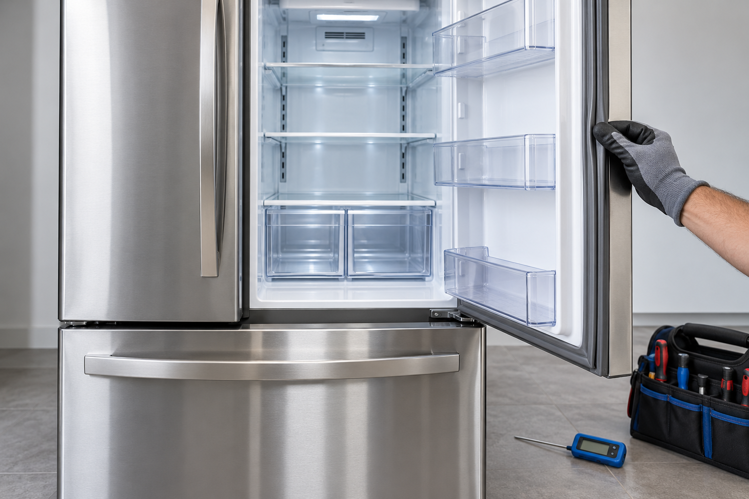 Illustration of refrigerator door-gasket inspection with service tools