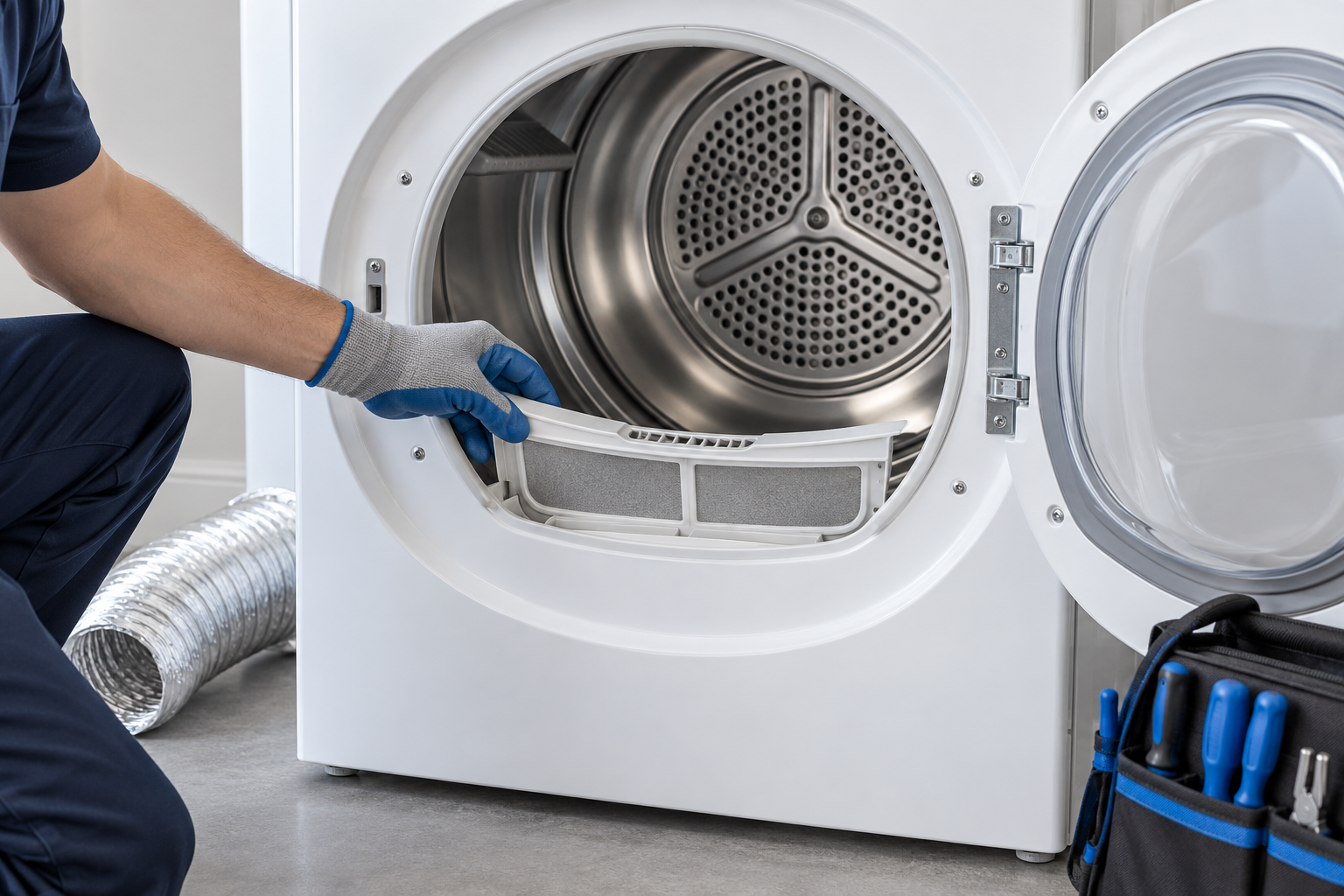 Illustration of a dryer lint-filter and drum inspection