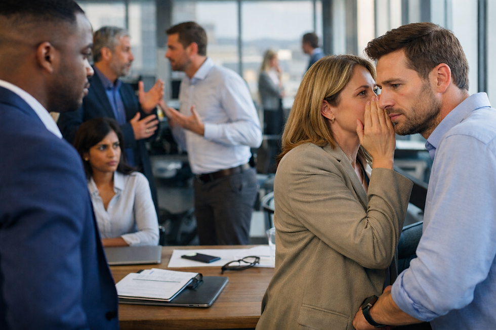 Employees engaged in tense and thoughtful conversations, illustrating navigating office politics through communication and influence at work