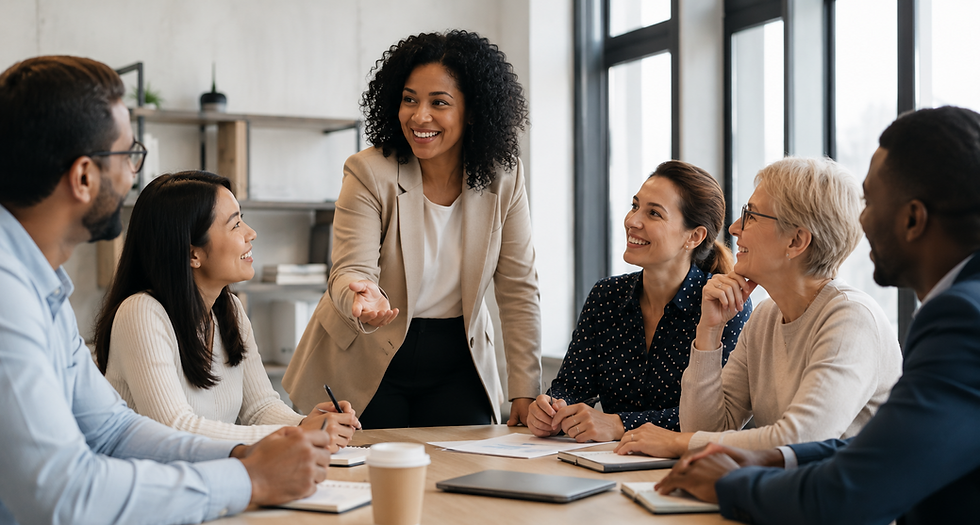 A diverse group of professionals collaborating in a modern office meeting, demonstrating inclusive leadership through open communication, teamwork, and active engagement.