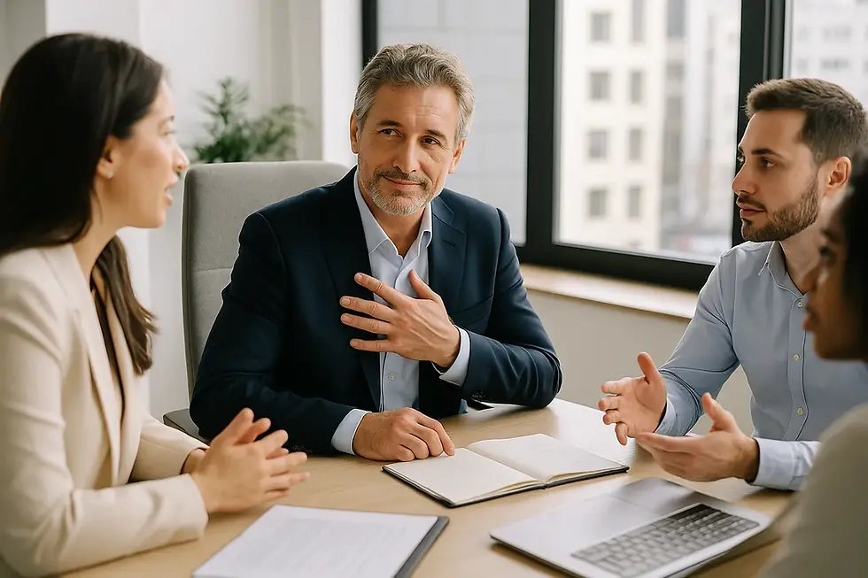 A compassionate business leader listens attentively to diverse team members in a bright modern office, symbolizing empathy, trust, and connection—core qualities of Heart-Centered Leadership.